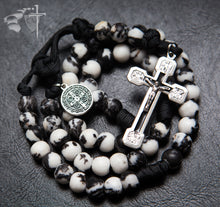 Dragon Slayer stone rosary, Mexican Jasper, St. Benedict medal, Via Crucis in black enamel, made in Italy, black and white rosary, stone rosary, beautiful rosary, one of a kind rosary, Catholic Milestones