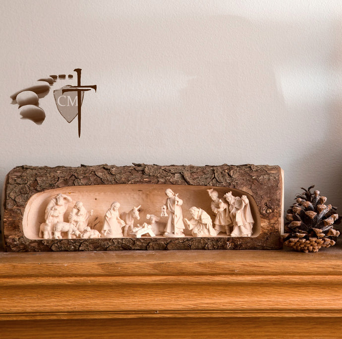 Twelve Piece Nativity in tree trunk