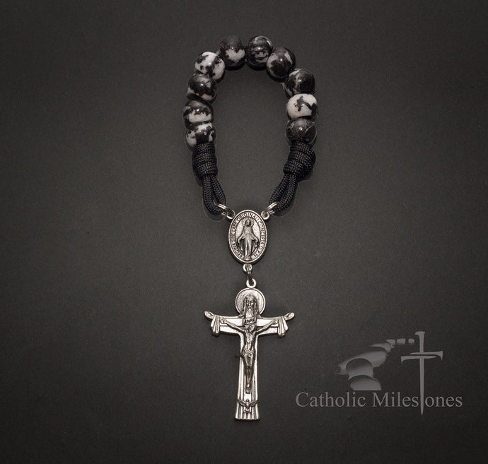 Mexican Jasper pocket rosary, paracord rosary, paracord rosaries, paracord stone rosary, cord rosary, cord rosaries, Mexican Jasper beads, Trinity crucifix, paracord stone rosary, wedding gift, car rosary, auto rosary, men's rosary, groomsmen gift, graduation gift, Holy Orders gift, men's gift, Catholic home decor, Catholic Milestones, Ottawa Ontario, Canada