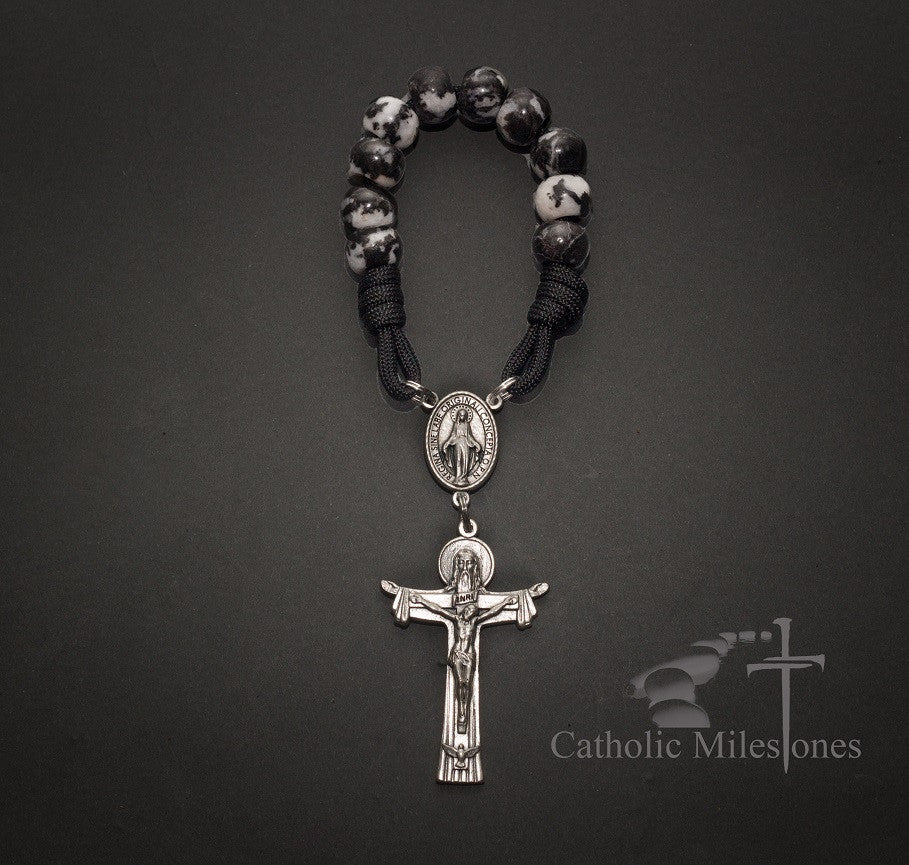 Mexican Jasper pocket rosary, paracord rosary, paracord rosaries, paracord stone rosary, cord rosary, cord rosaries, Mexican Jasper beads, Trinity crucifix, paracord stone rosary, wedding gift, car rosary, auto rosary, men's rosary, groomsmen gift, graduation gift, Holy Orders gift, men's gift, Catholic home decor, Catholic Milestones, Ottawa Ontario, Canada