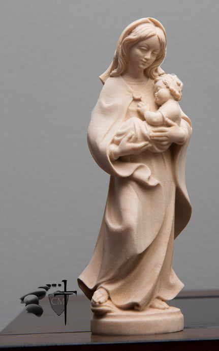 Madonna with child, Mary statue; Mary statues; Catholic Milestones; wood carving; northern alps of Italy; handcarved; Madonna with child; natural finish; catholic gift