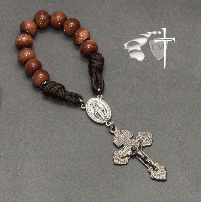 Goldstone pocket rosary, paracord rosary, paracord rosaries, paracord stone rosary, cord rosary, cord rosaries, Goldstone beads, Pardon crucifix, Catholic Milestones, wedding gift, car rosary, auto rosary, men's rosary, groomsmen gift, graduation gift, Holy Orders gift, men's gift, Catholic home decor, Catholic Milestones, Ottawa Ontario, Canada