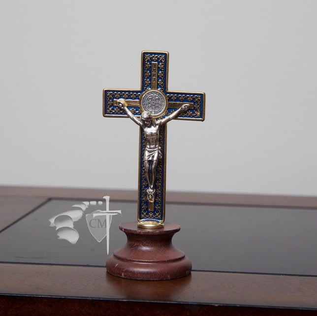 Saint Benedict Desktop Crucifix - Blue Enamel