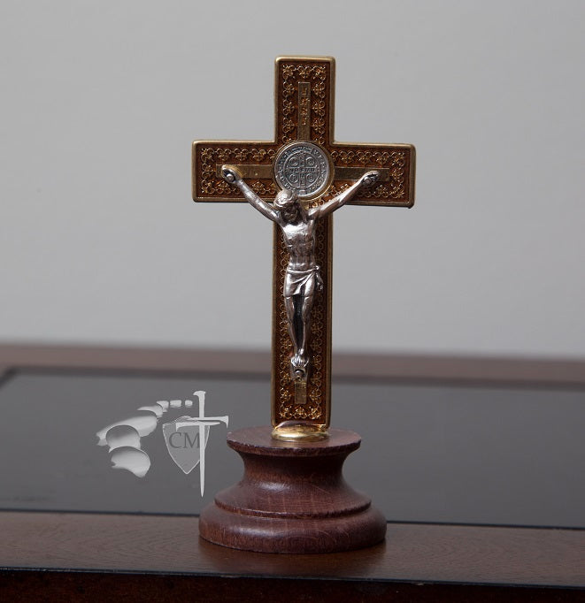 Saint Benedict Desktop Crucifix - Brown Enamel