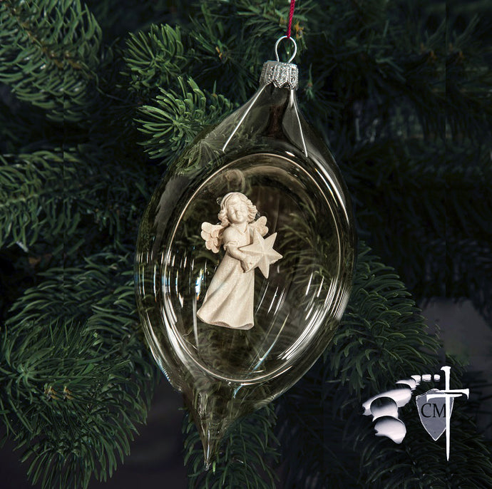 Carved Wood Angel in a Hand Blown Glass Ornament.
