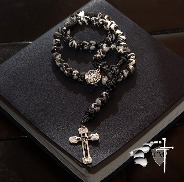 Dragon Slayer stone rosary, Mexican Jasper, St. Benedict medal, Via Crucis in black enamel, made in Italy, black and white rosary, stone rosary, beautiful rosary, one of a kind rosary, Catholic Milestones