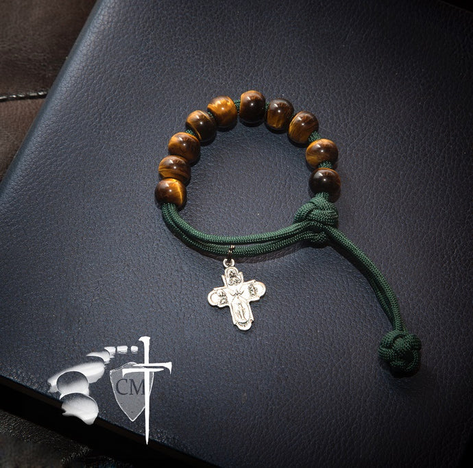 rosary, tiger eye, stone rosary bracelet, four way medal, forest green paracord, one hand pull closure, stone rosary bracelet