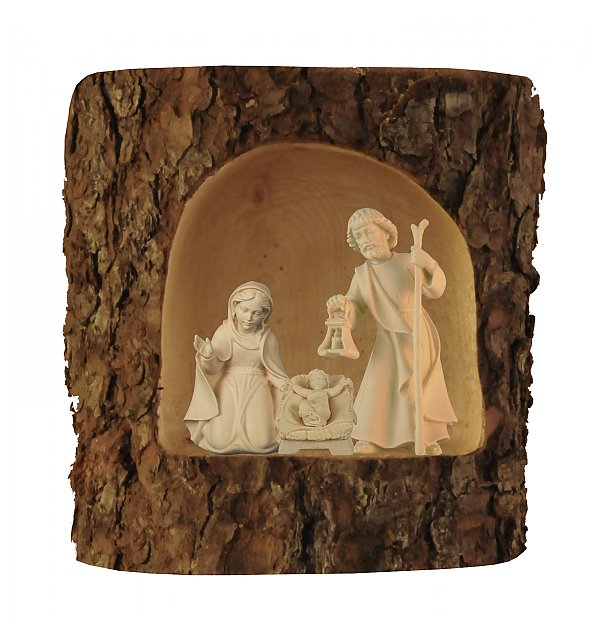 Holy Family statue; Nativity statues; woodcarved Holy Family, woodcarved statue, Italian wood sculptures,  natural finish, coloured finish, Catholic Milestones; wood carving; northern alps of Italy; handcarved, natural finish; catholic gifts, Holy Family in tree trunk, Christmas gift, Christmas Nativity, Catholic home decor, catholic housewarming gift