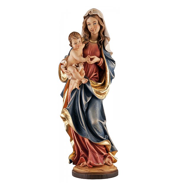 Mary statue; Mary statues; Madonna with child statue, woodcarved statue, Italian wood sculptures,  natural finish, coloured finish, Catholic Milestones; wood carving; northern alps of Italy; handcarved; Madonna with child; natural finish; catholic gift