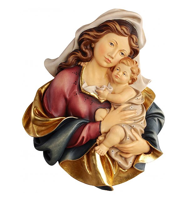 Mary statue; Mary statues; Madonna with child portrait, natural finish, coloured finish, Catholic Milestones; wood carving; northern alps of Italy; handcarved; Madonna with child; natural finish; catholic gift